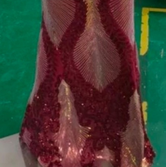 WIne Red, Floral, Sleeveless, Round Back, V Neck, Sequined Mermaid Gown - Picture 15 of 16